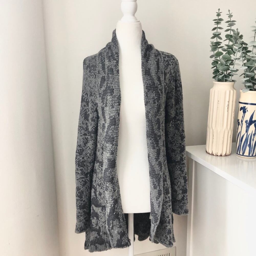 Eileen Fisher Patterned Open-Front Grey Wool Came… - image 1